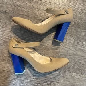 MAXMARA Beige Canvas & Blue Lucite Mary Jane Heels